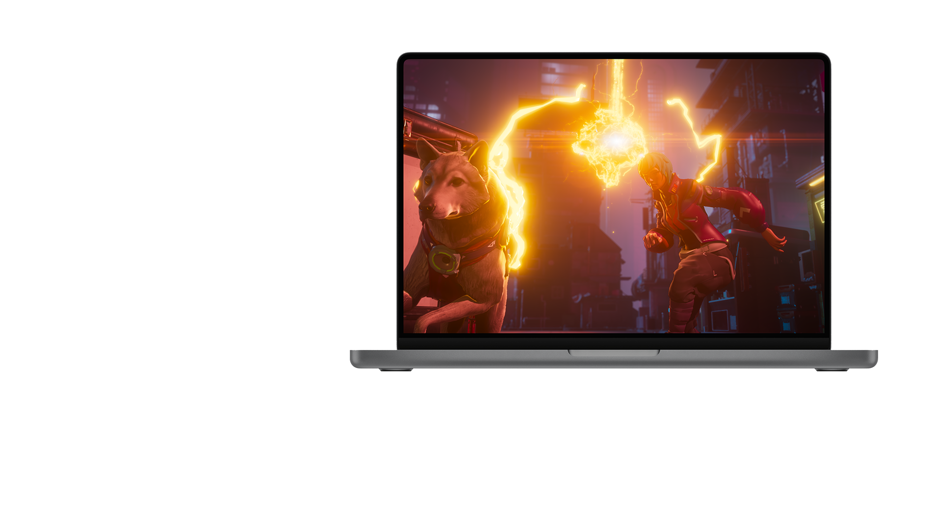 A 3D model of a woman and dog running from streaks of electricity.