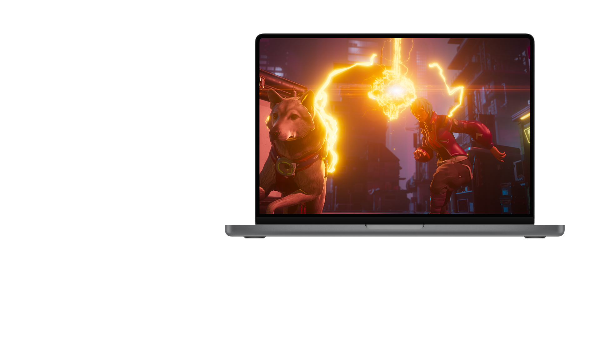 A 3D model of a woman and dog running from streaks of electricity.