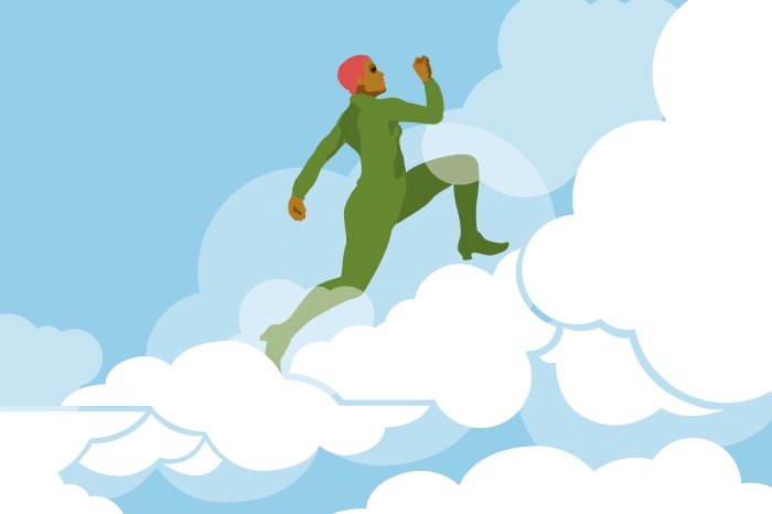 Illustration of woman in green suit racing up a cloud