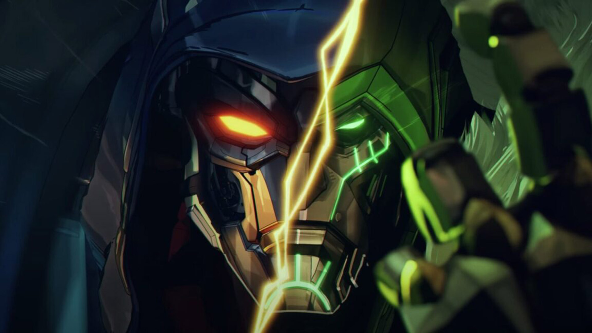 A character wearing a metallic mask with one glowing red eye and one glowing green eye