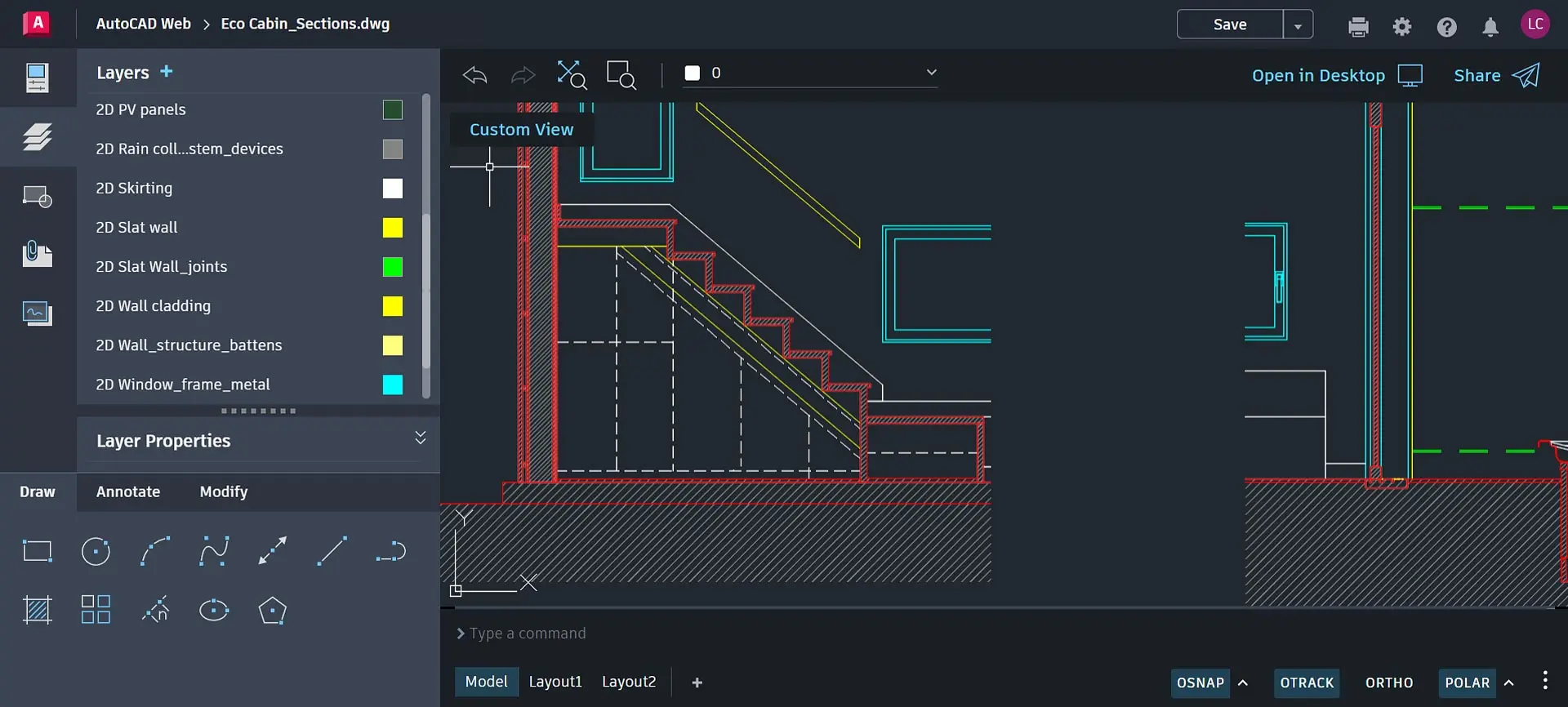 AutoCAD Web interface showing layers, tools, and a section drawing of an eco cabin with stairs and structural details.
