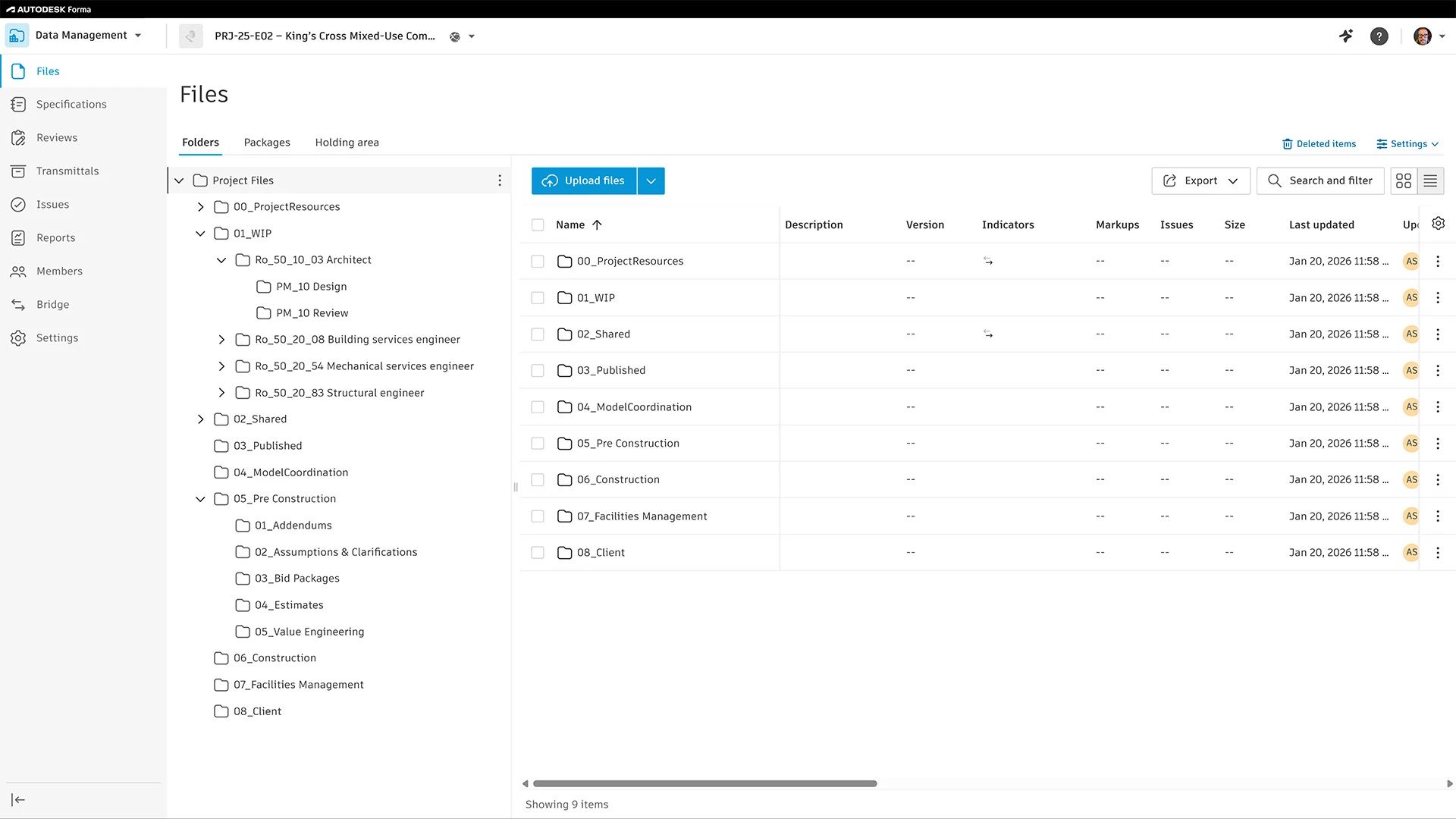 Project files page showing folder tree, file list, and upload options in Autodesk Forma data management.