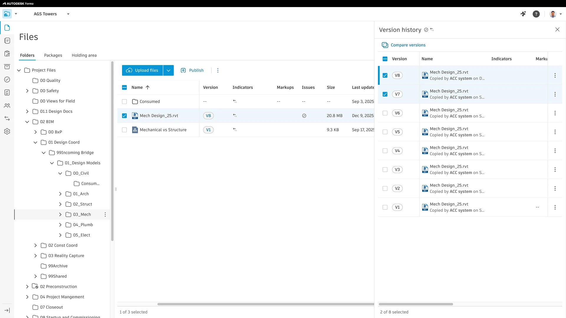 Files page with version history panel showing multiple file versions.
