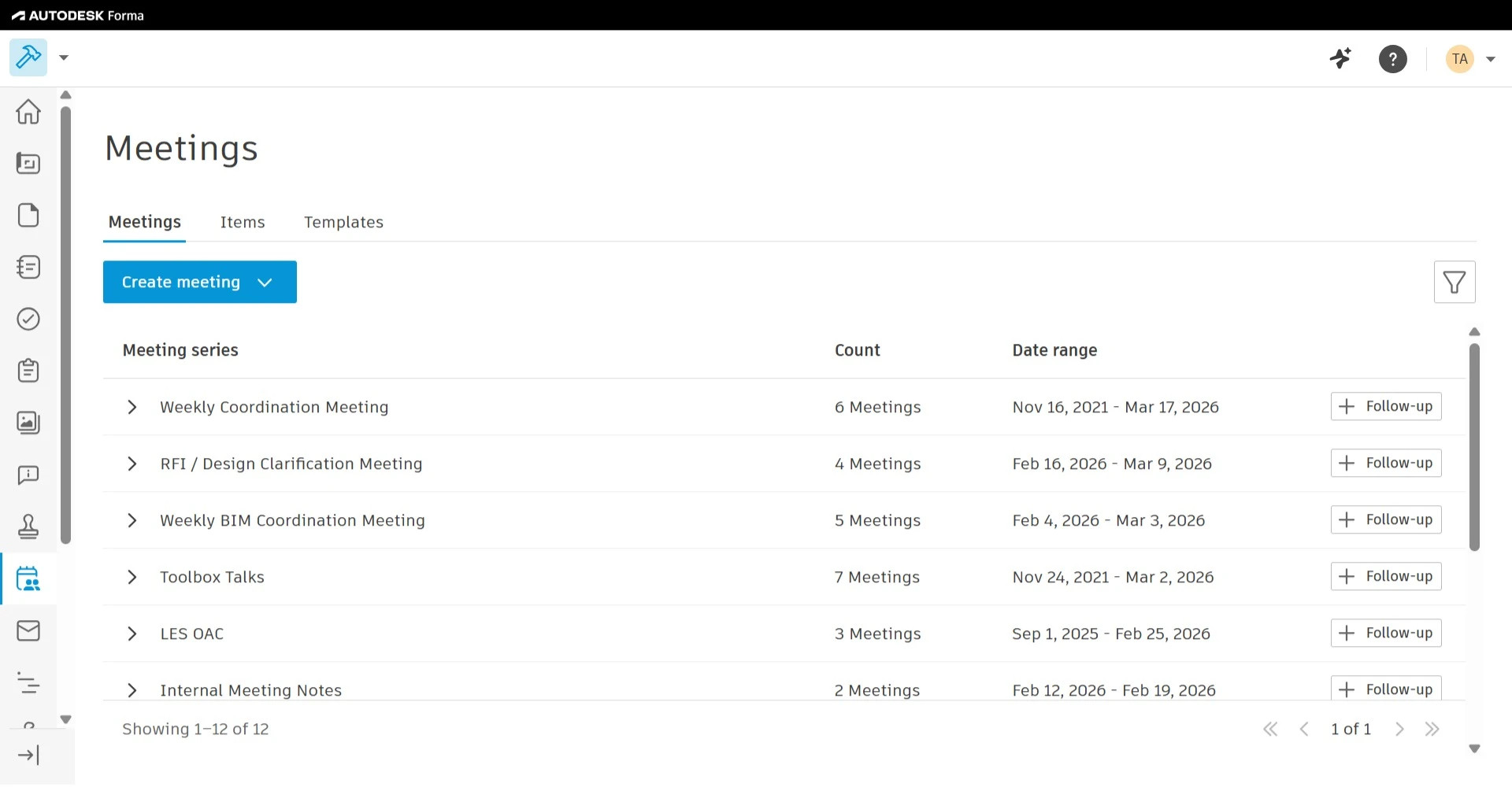 Meetings dashboard listing meeting series, counts, and date ranges with create meeting button.