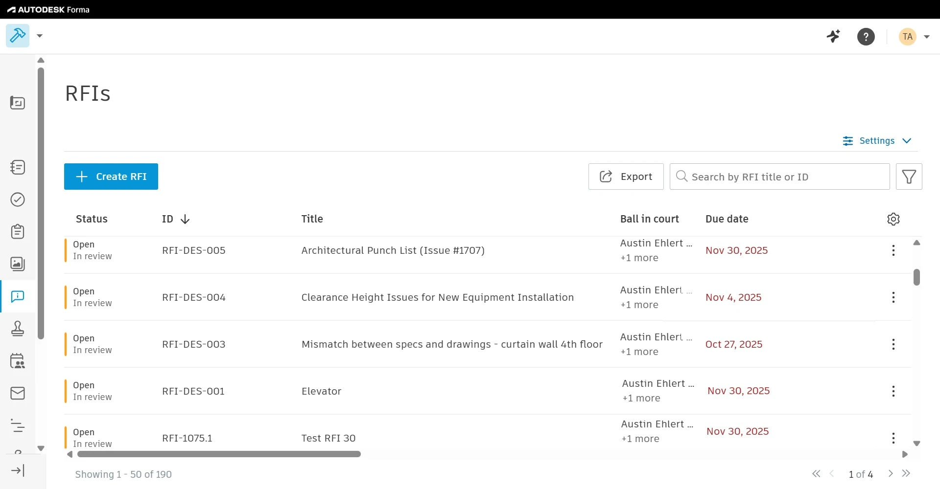 RFI management dashboard listing open RFIs with IDs, titles, responsible parties, and due dates.