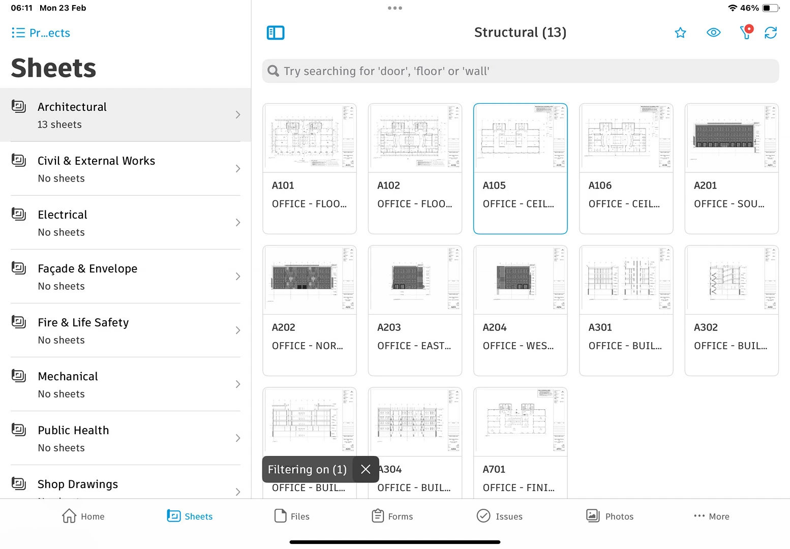 Mobile Sheets view showing structural drawings grid with categories and sheet thumbnails.