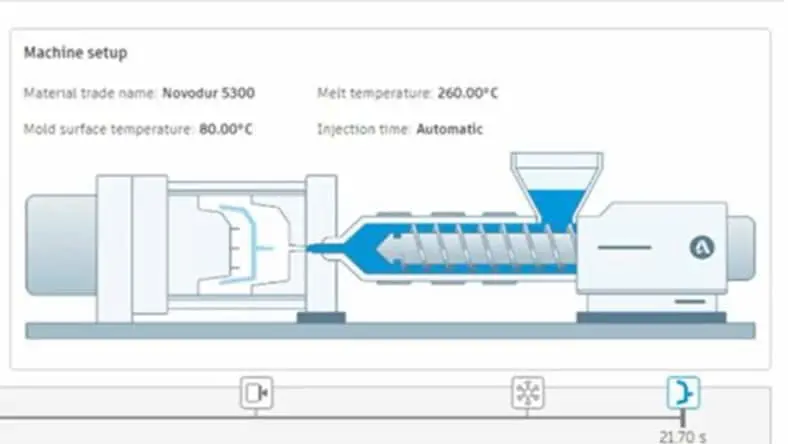 Screenshot from Fusion Injection Molding simulation showing the injection molding machine process.