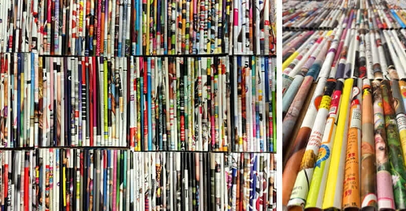 TrashWall rolled magazine pages glued to cardboard panels