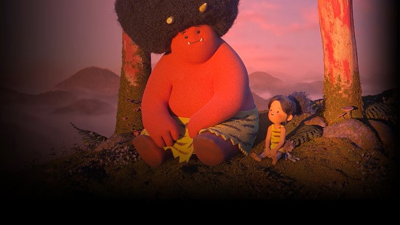 large red character sitting beside child