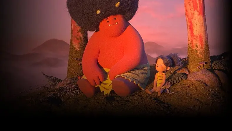 large red character sitting beside child