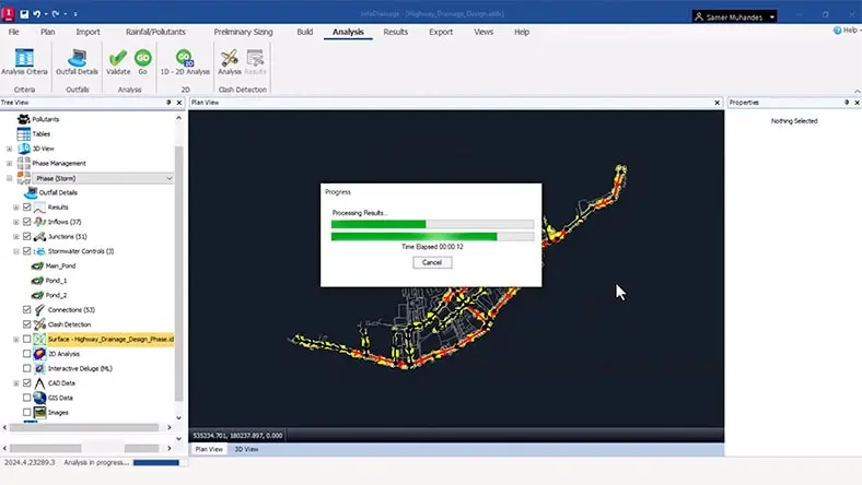 An InfoDrainage user interface, where the user is retrieving hydraulic results from a catchment model. Loading bars show the process is partway to completion.
