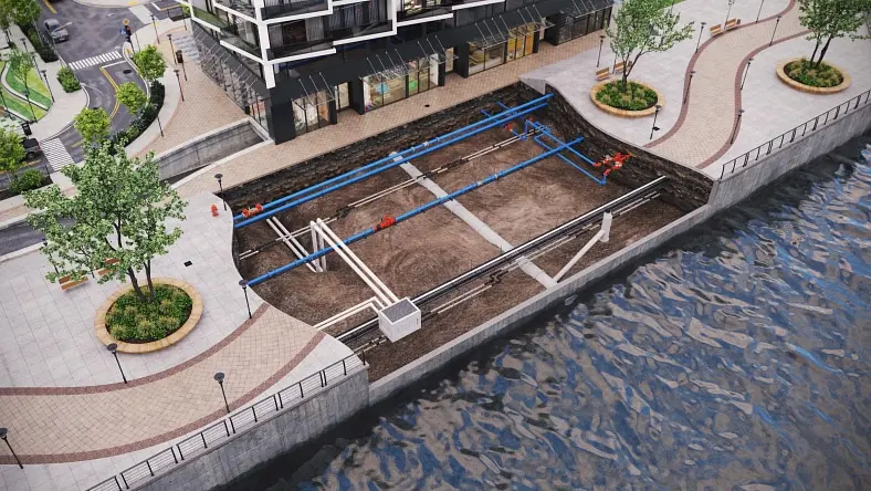 Rendering of below-grade water utilities collecting stormwater, pumping clean water, and moving wastewater to treatment plants