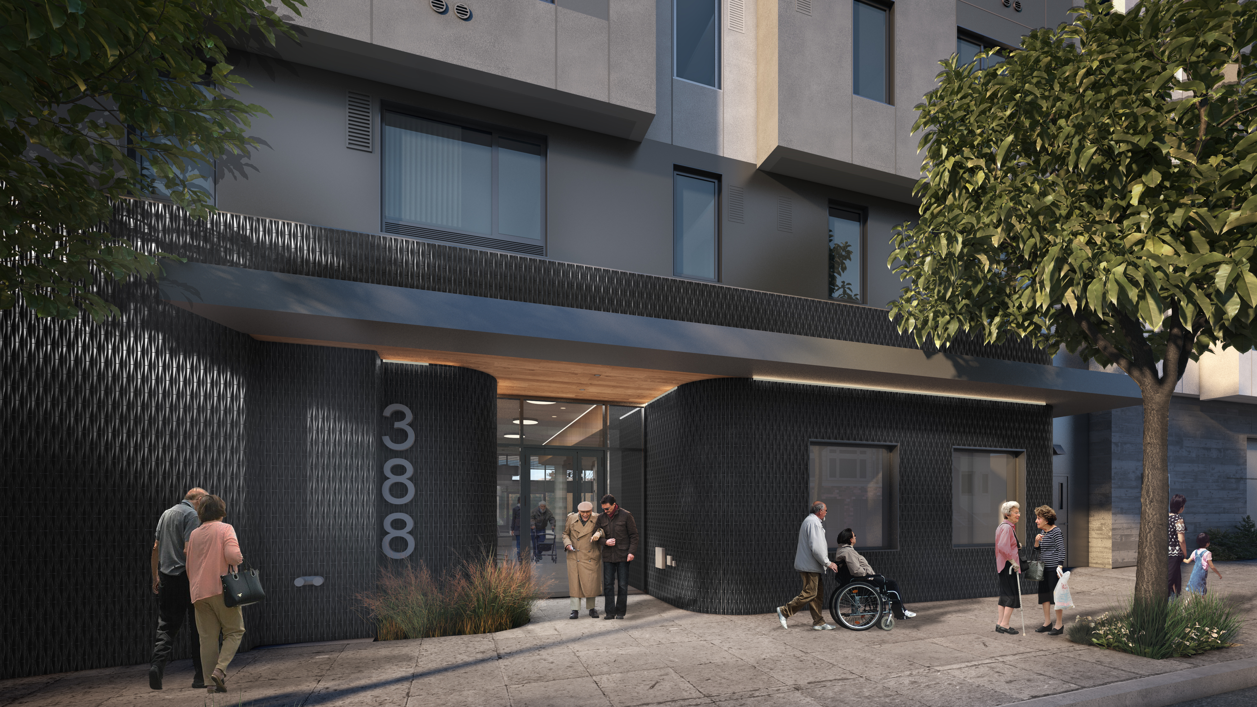 An exterior entrance to 4200 Geary with senior citizens walking outside.