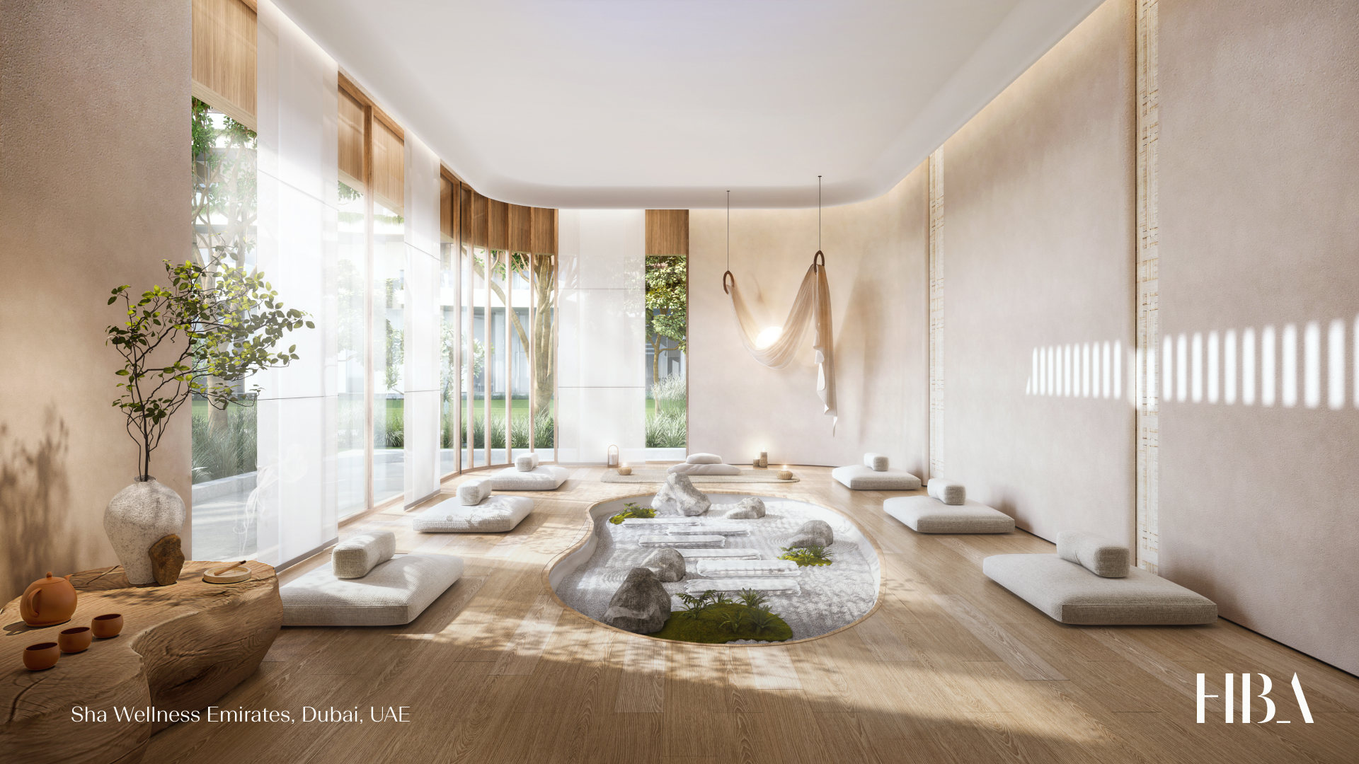 Rendering in 3ds Max of Sha Wellness Emirates, Dubai, UAE. Courtesy of HBA.