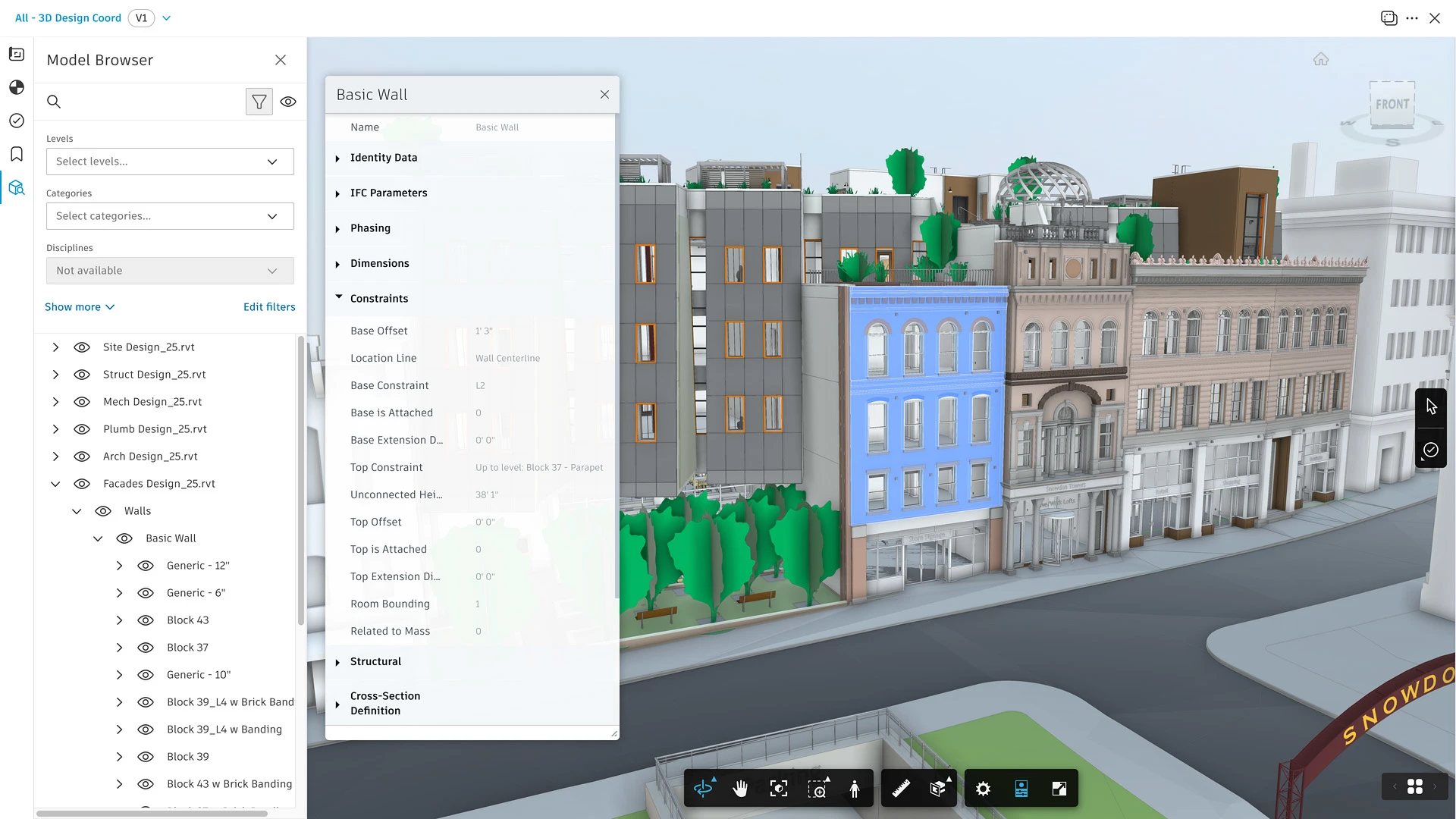 3D building model view with wall properties panel open.