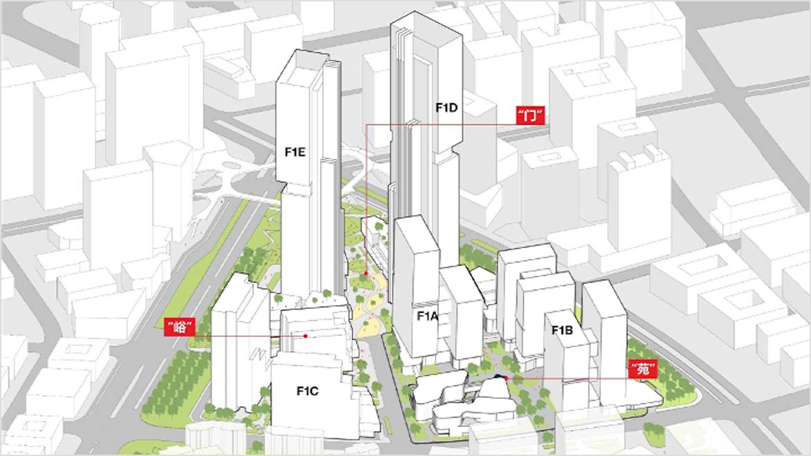A drawing that plans out the different buildings in the project