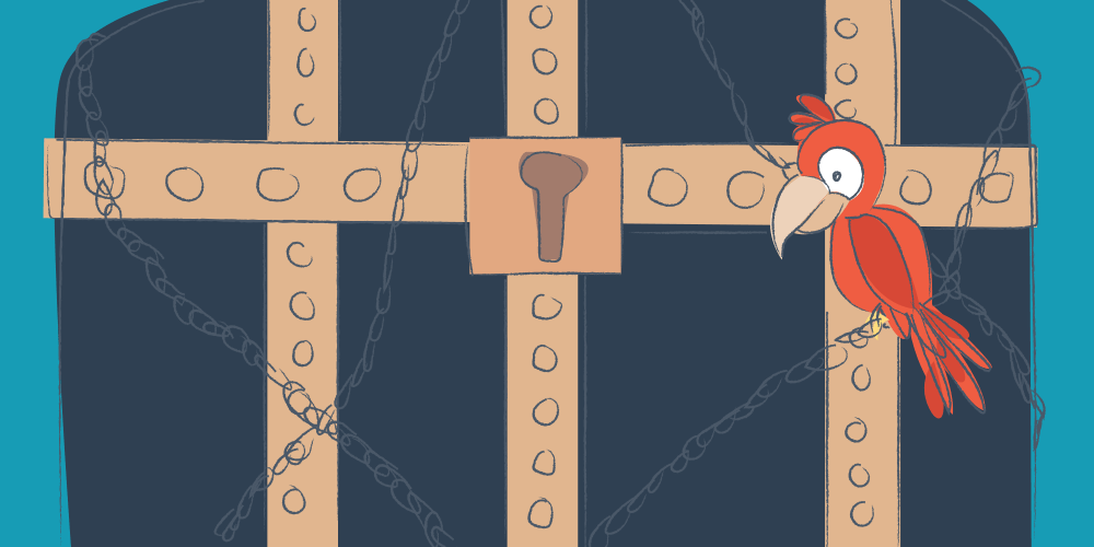 Illustration of a red parrot in front of a locked treasure chest