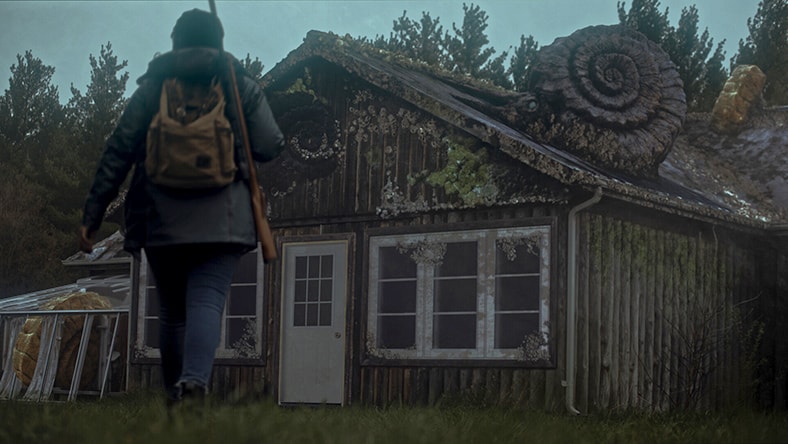 A man views an ominous building in a scene from the short film 'The Fore-Men'