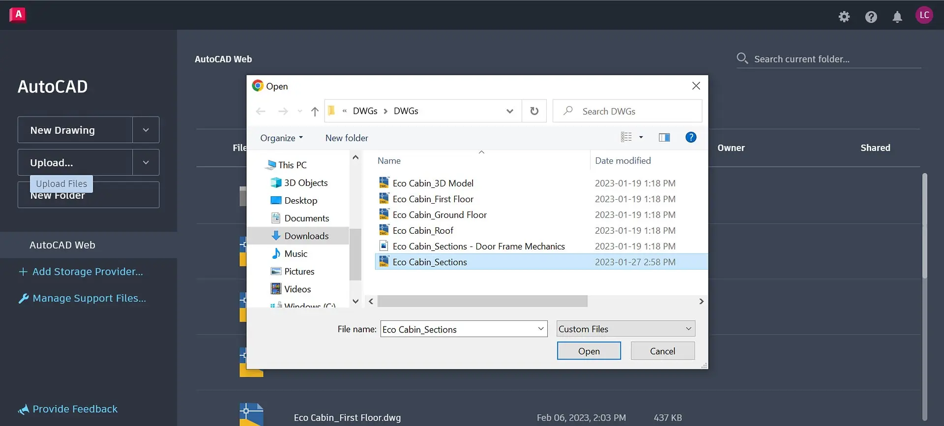 AutoCAD Web interface with file upload dialog showing DWG files listed, including "Eco Cabin_Sections" selected for upload.