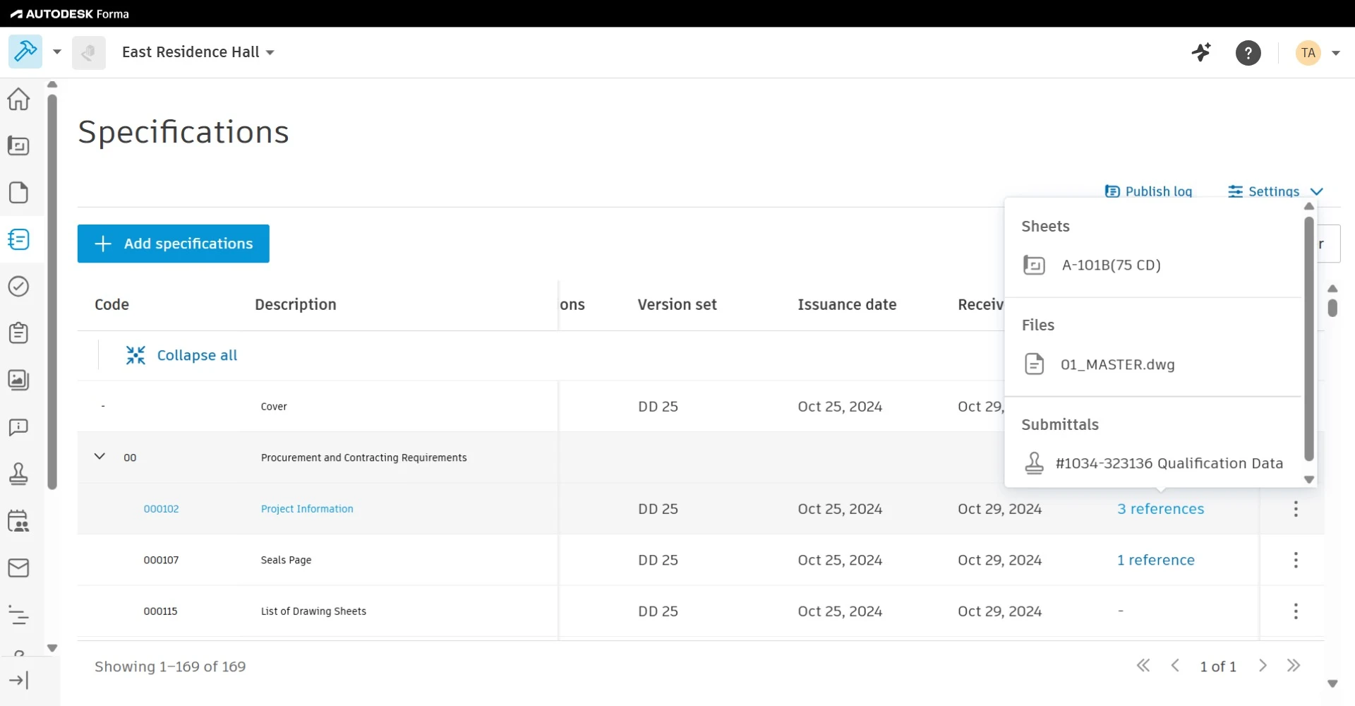 Specifications page listing project codes, versions, dates, and linked references in a Forma project interface.