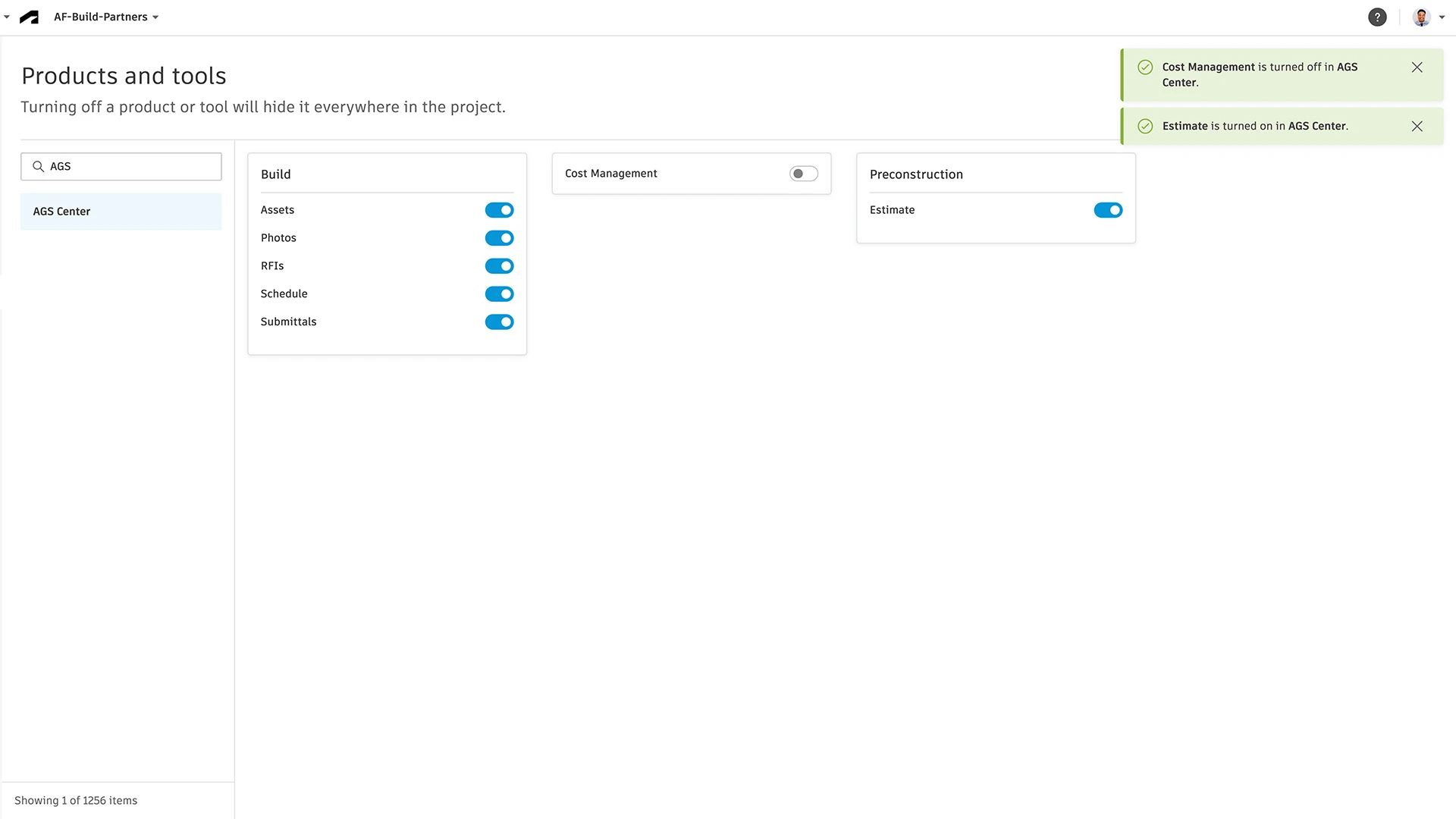Products and tools settings page showing AGS Center with Build toggles on and Cost Management turned off.