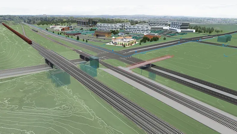 Aerial view of buildings and infrastructure integrating GIS and design data