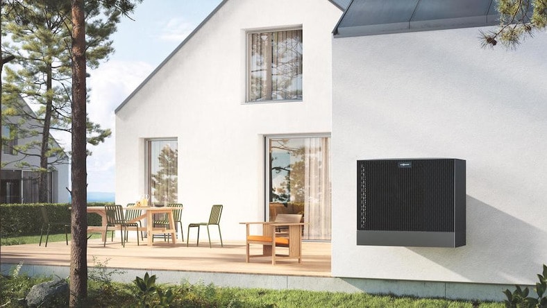 Viessman heat pump attached to a home's exterior.