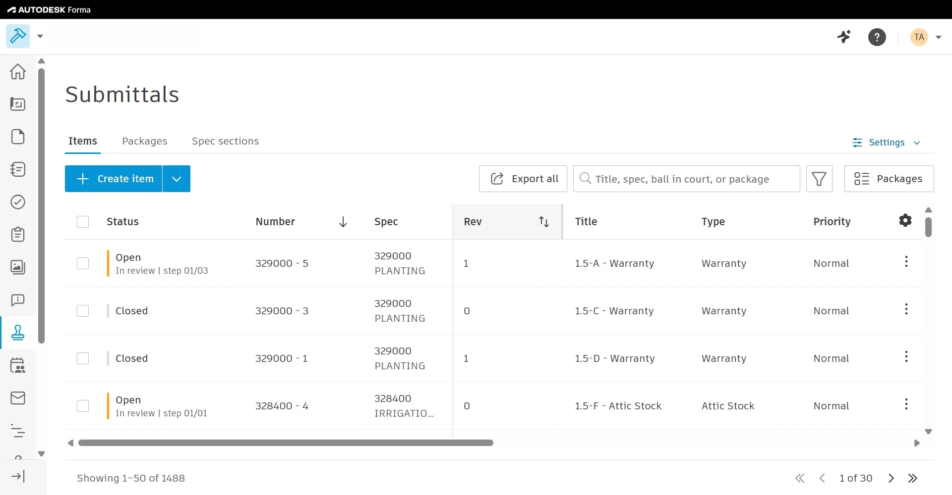 Construction submittals dashboard listing items with status, spec numbers, revisions, and warranty titles.