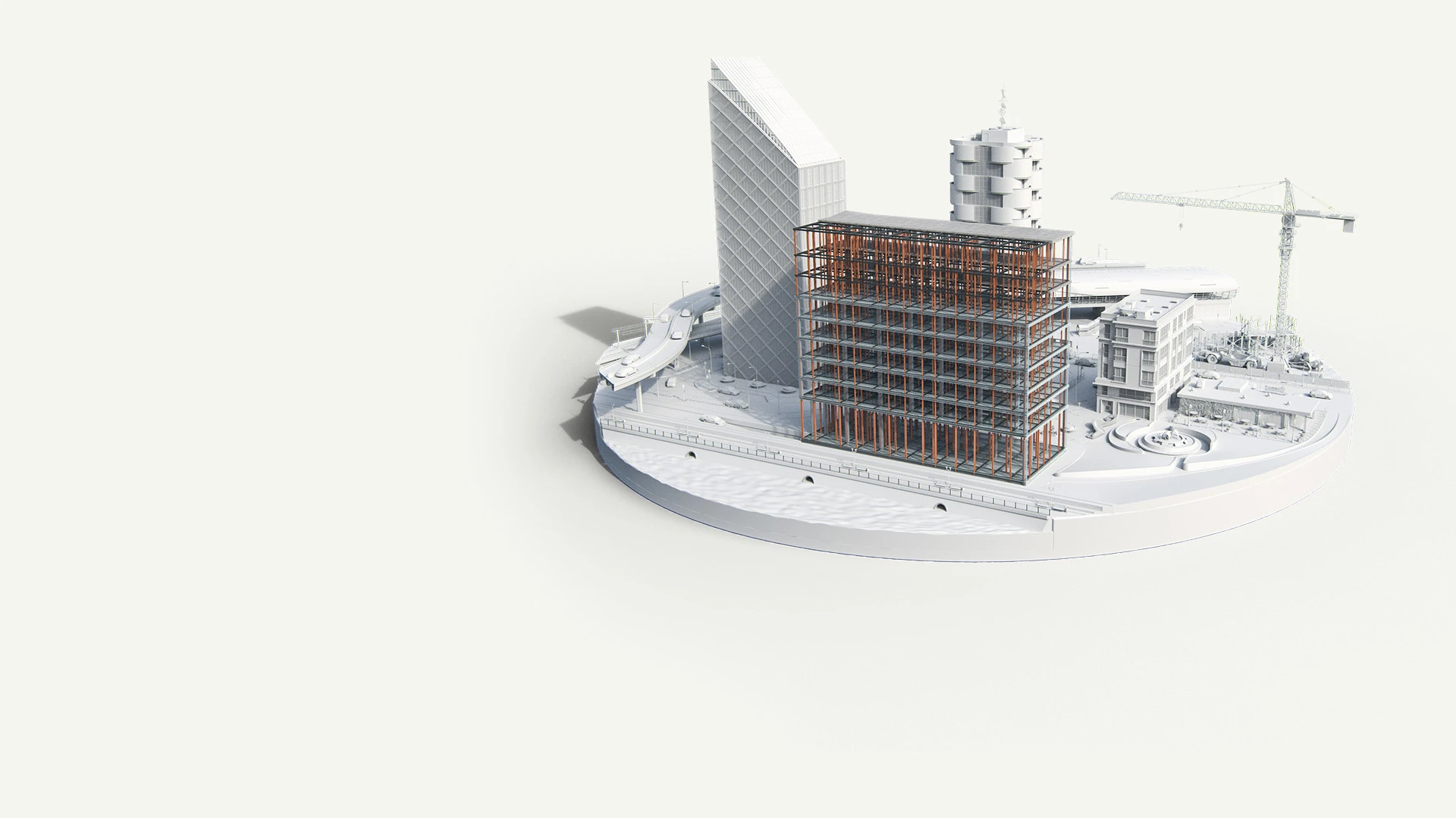 Architectural visualization of buildings and infrastructure displayed in a 3D model environment.
