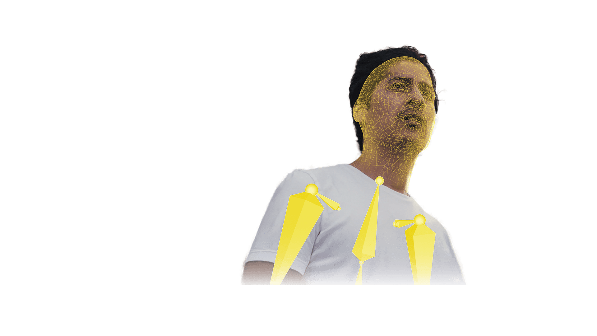 Person with yellow wireframe overlay and motion-capture figures.