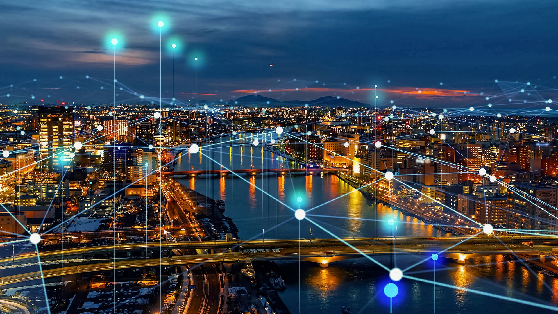 A concept illustration shows a smart city connected by digital nodes and pathways.