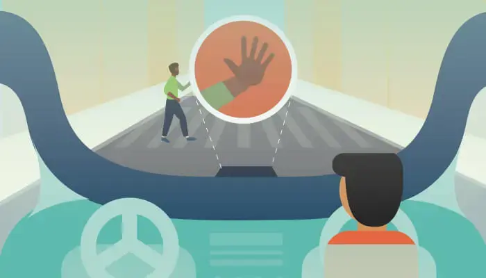Illustration of inside view of the car with someone in the passenger with a steering wheel