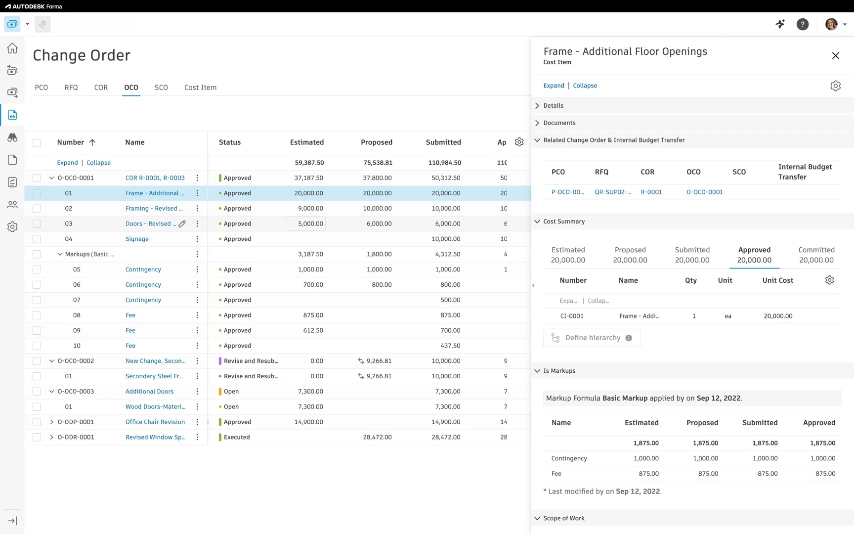 Change Order dashboard showing approved items and detailed cost summary panel for “Frame – Additional Floor Openings.”