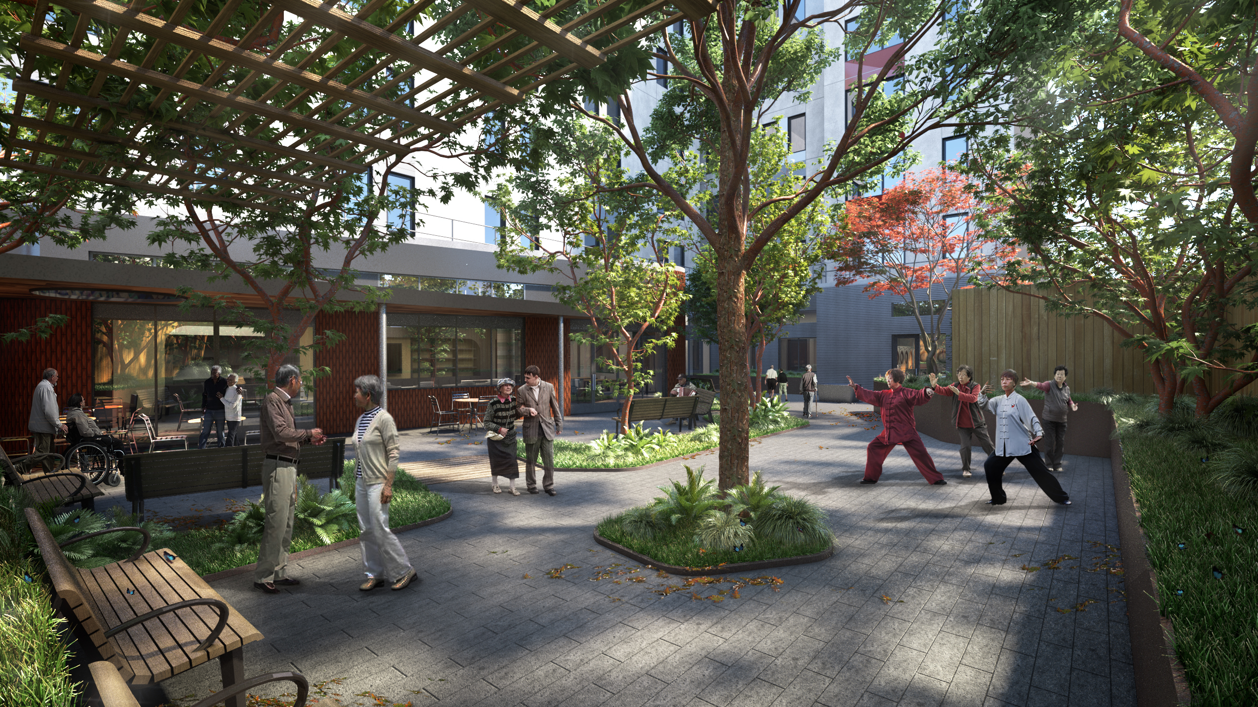 View of rear yard at 4200 Geary with gray pavers, wood benches, trees, and covered patio