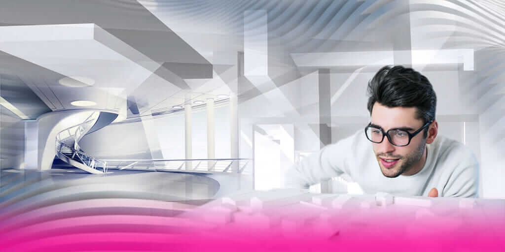 Generative architecture illustration of a man and 3D design visualization