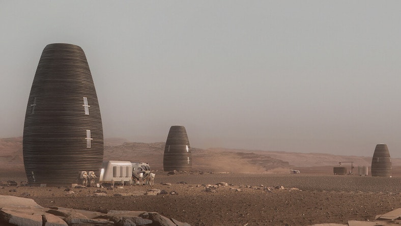 Digital concept of living quarters built on Mars using 3D printing and local materials.