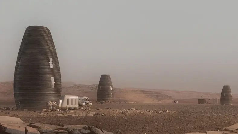 Digital concept of living quarters built on Mars using 3D printing and local materials.