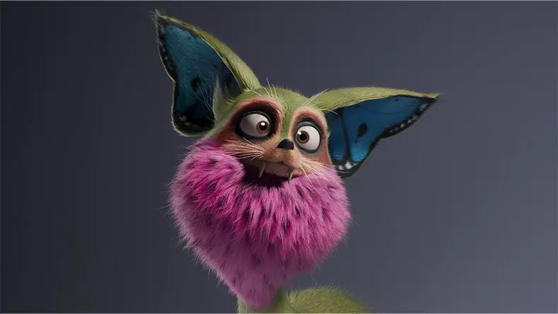 Animated green fox creature with bushy fur around its neck