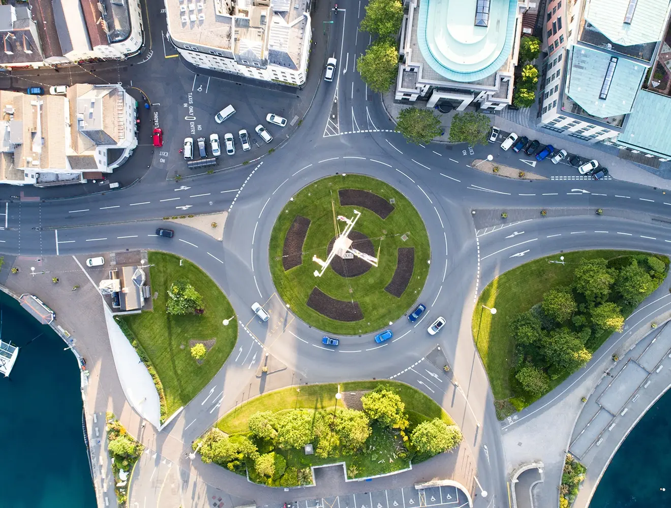 Roads joining at a roundabout