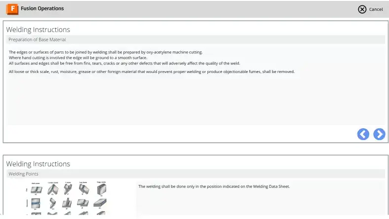 Image of a screenshot from the Autodesk Fusion Operations app showing worker instructions for welding a product.