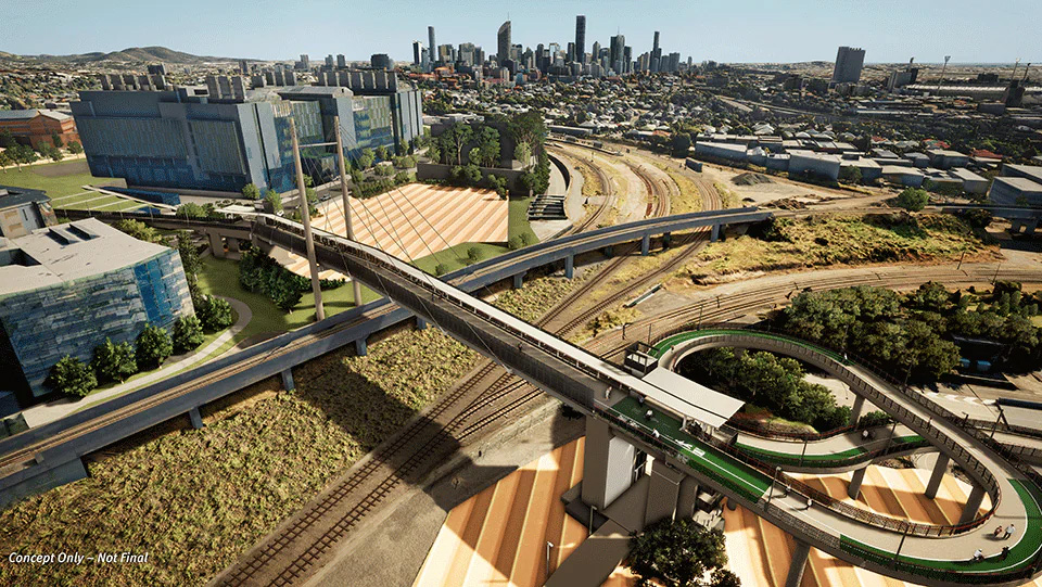 Rendered aerial of the precinct with the bridge indicated. Concept only.