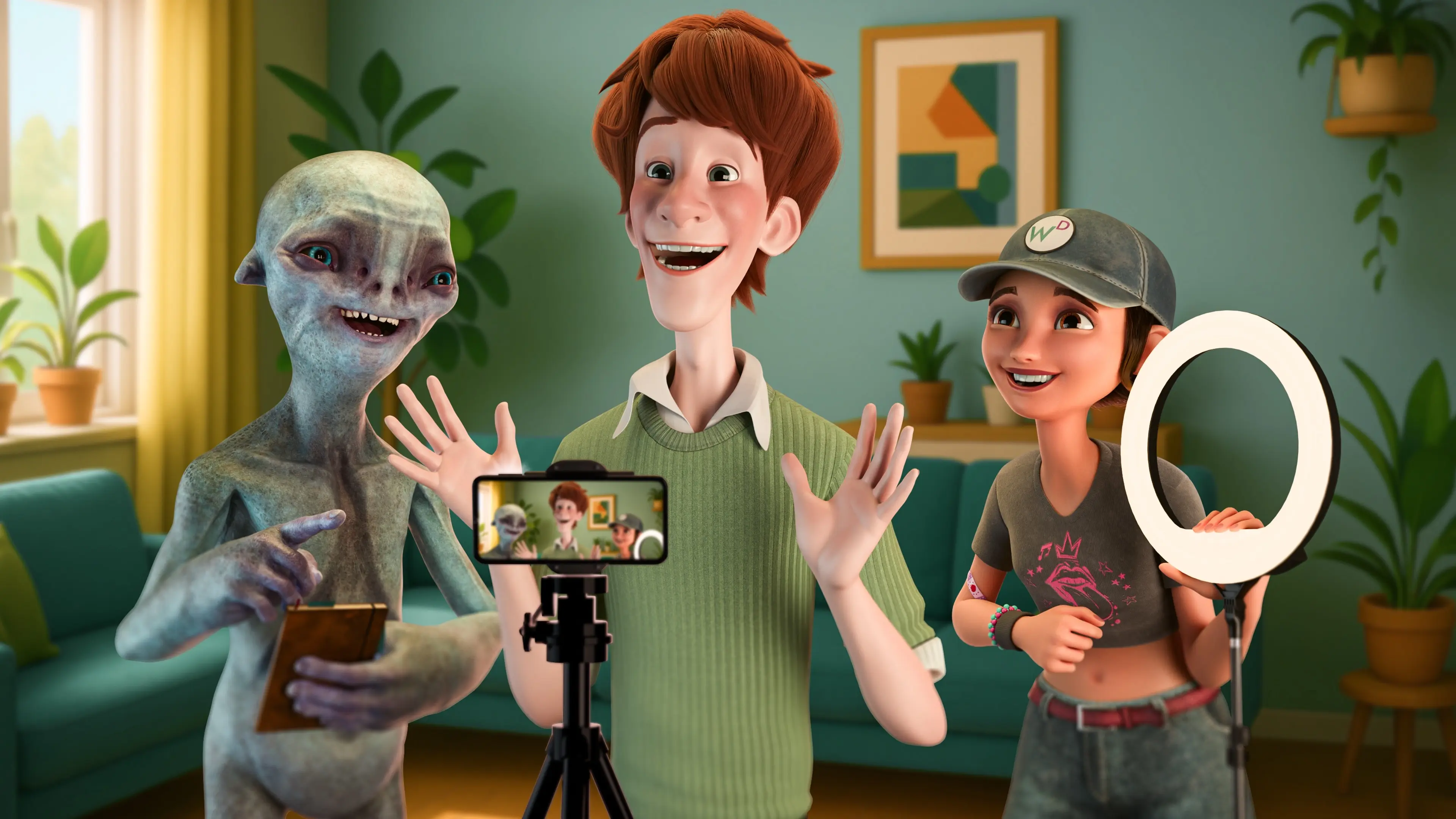 Animated characters recording content.