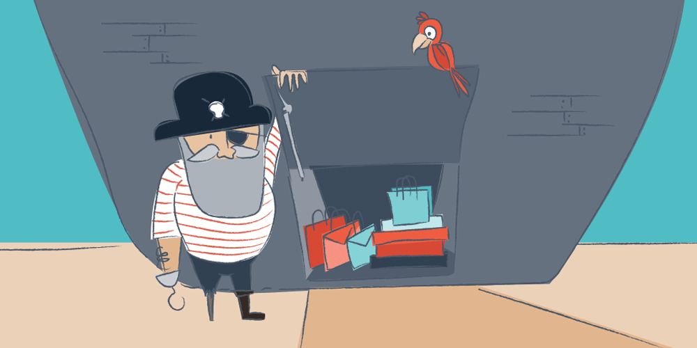 Illustration of a pirate with a parrot and counterfeit handbags