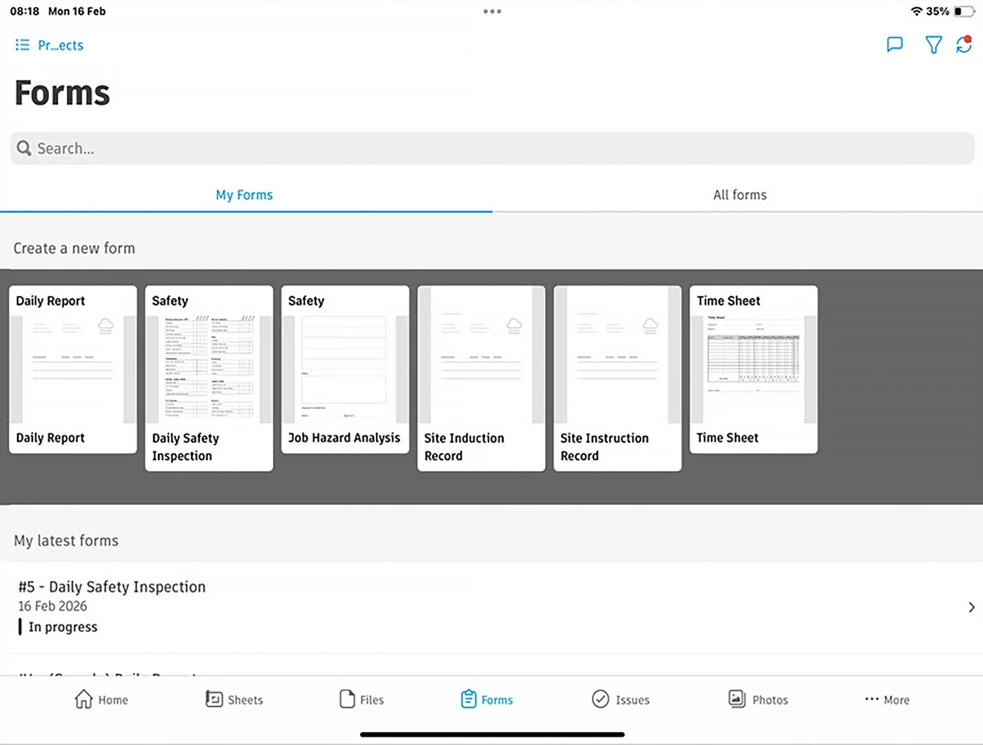 Mobile project home screen with shortcuts, recently viewed sheets, work status, and new form options.