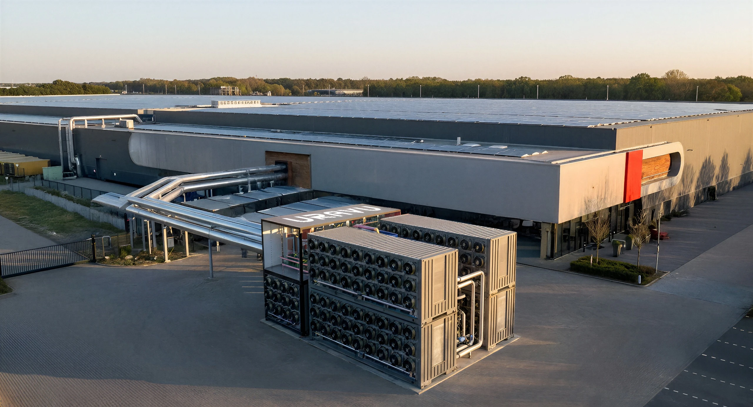 Exterior view of an industrial facility with Uravu Labs' atmospheric water generation systems installed on-site.