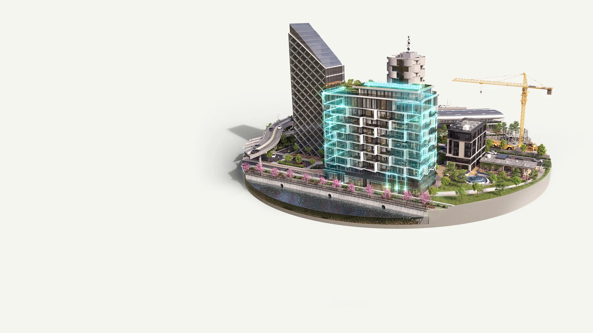 Operations phase model with completed buildings, green spaces, and data overlay representation to highlight performance.