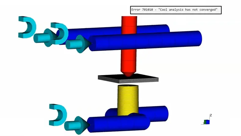 Screenshot from Moldflow showing simple cooling system with error.