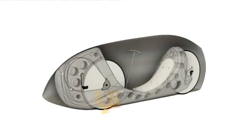 Video still of a CAD design for the "Soup Dragon," a human-powered vehicle designed for speed.