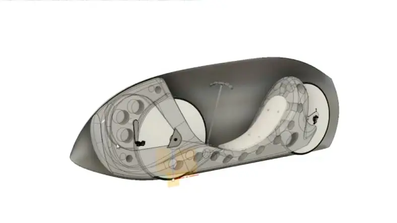 Video still of a CAD design for the "Soup Dragon," a human-powered vehicle designed for speed.