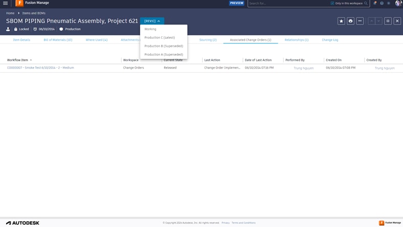 Item revision control in Autodesk Manage